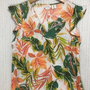 Nicole Miller New York Linen Tropical Palm Leaf V-Neck Flutter Sleeve Dress S